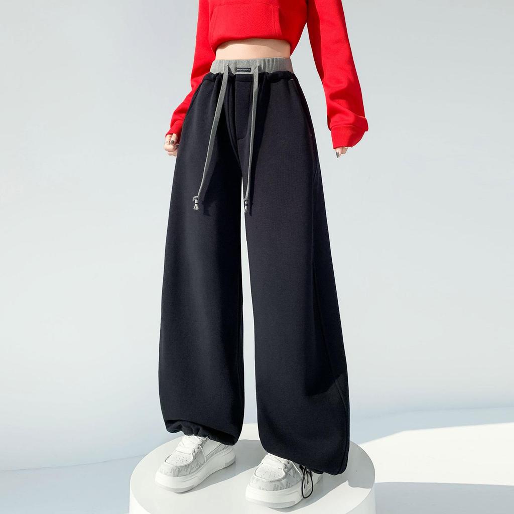 2026 Spring Color Block High-Waisted Cropped Wide-Leg Sweatpants for Women - Slimming & Casual Banana Two-Wear Long Pants