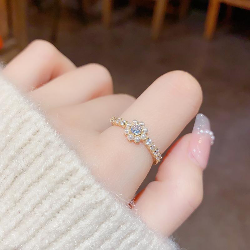 Zircon pearl flower ring women's light luxury high-end sense exquisite versatile index finger ring fashion temperament jewelry women