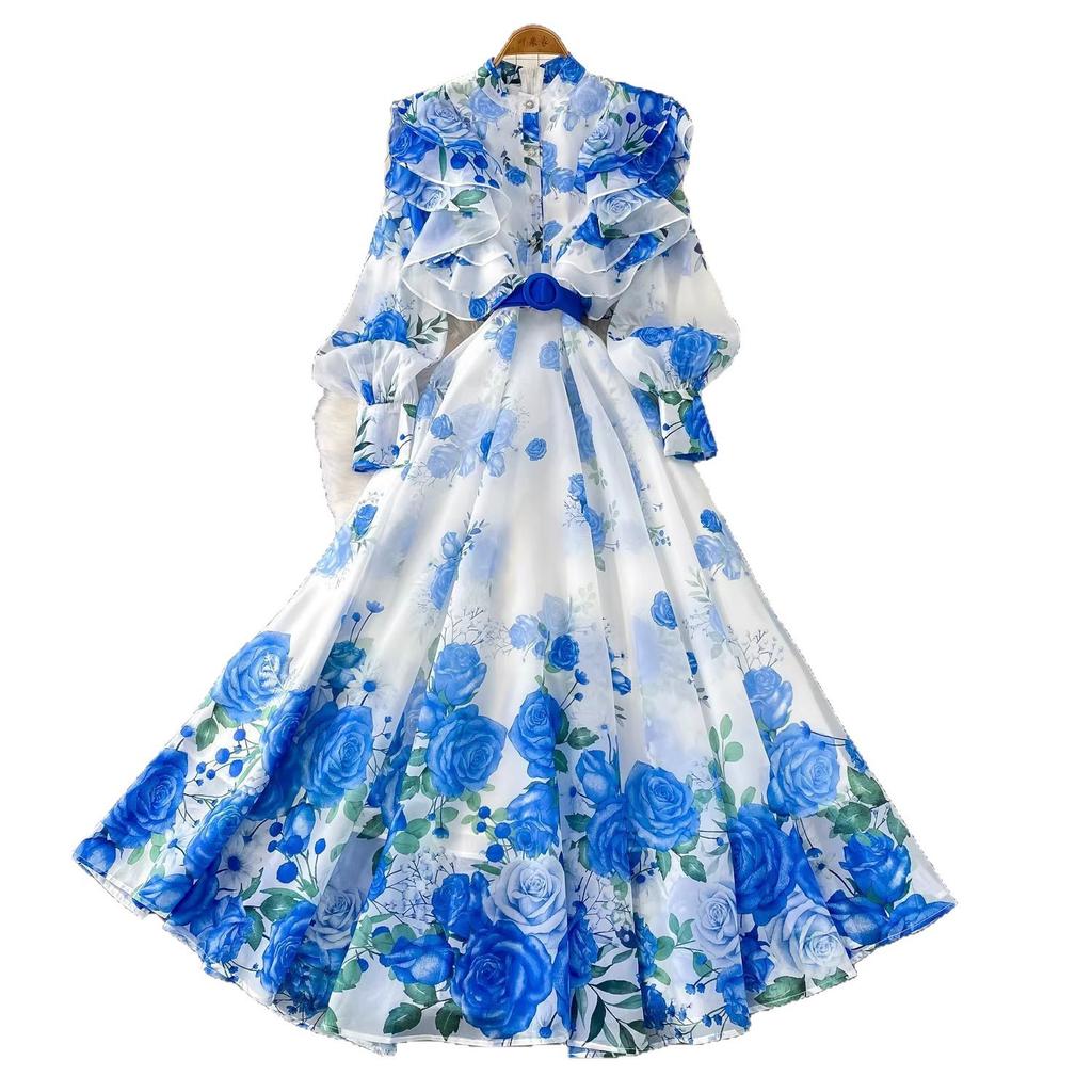 French beautiful chiffon printed lotus leaf edge round neck long dress women's spring and autumn straps waist pendulum elegant dress fairy
