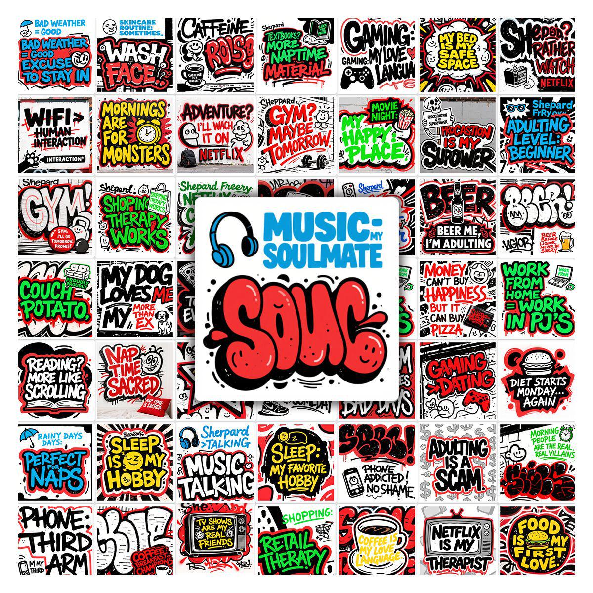 50 Sheets/Creative Slogan Stickers: Graffiti Style Notebook & Planner DIY Decor