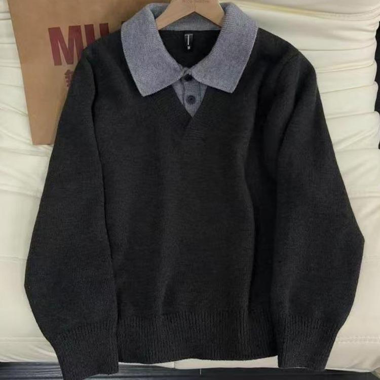 

Men’s Korean Style Patchwork Knit Sweater - American Style Two-in-One Lapel Pullover for Autumn/Winter. XL темно-сірий