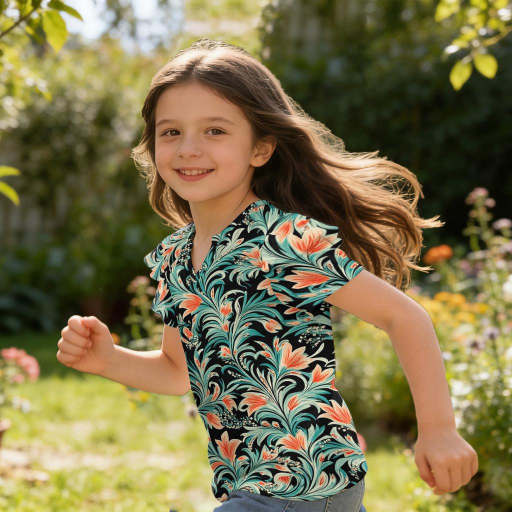 Mädchen V-Ausschnitt Rüschenärmel Hawaiian Print Kurzarm T-Shirt Lässige Bluse Leichtes Sommeroberteil für Kinder