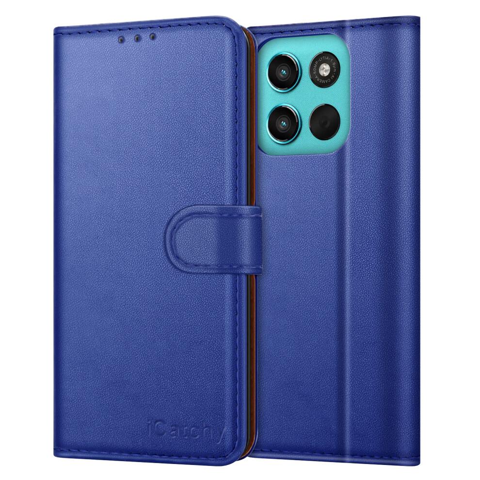 (Blue) Motorola G57 Power with 4 Card Slots Leather Wallet Flip Phone Cover
