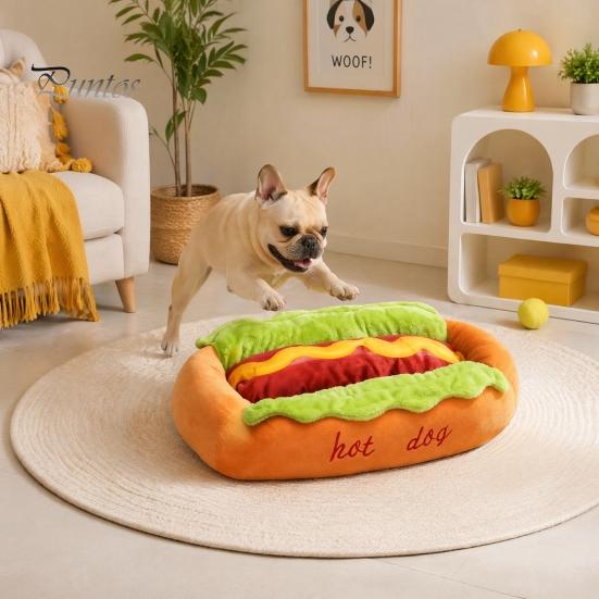 Cama Pequeña para Animales para Regalo de Cumpleaños Cama Hot Dog, Adorable Acogedora para Acurrucarse Almohadilla Extraíble Lavable, Divertido Cómodo Felpa Mascota Alfombrilla Pan Perros Gatos Suave Sofá Nido