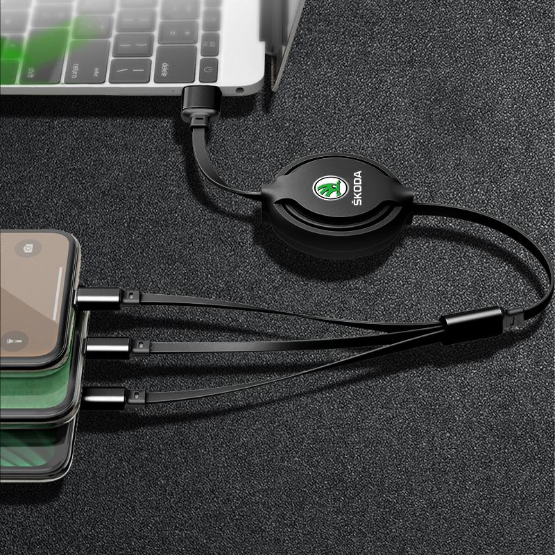1Pcs Car Mounted Telescopic Three In One Mobile Phone Charger For Skoda Octavia Superb Rapid Kodiaq Karoq Fabia Kamiq Roomster Citigo