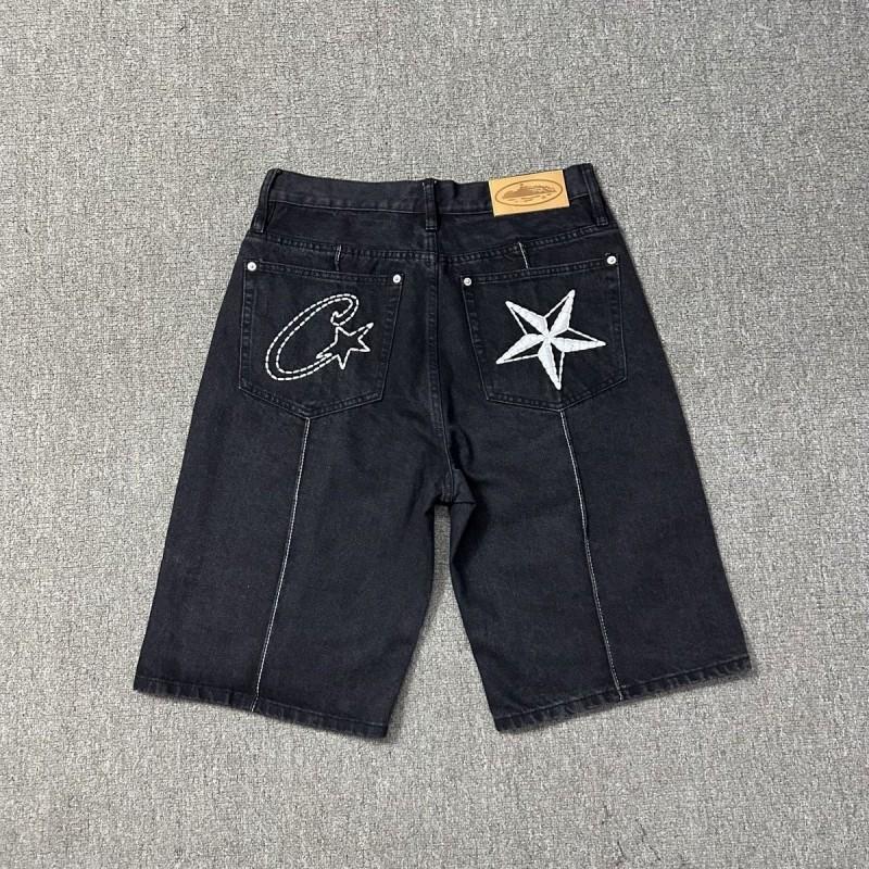 Corteiz Roztrhané Džínové Šortky S Výšivkou Hvězd Vintage Streetwear Rovný Střih Střední Pas Ležérní 5/8 Délka Džíny Pánské