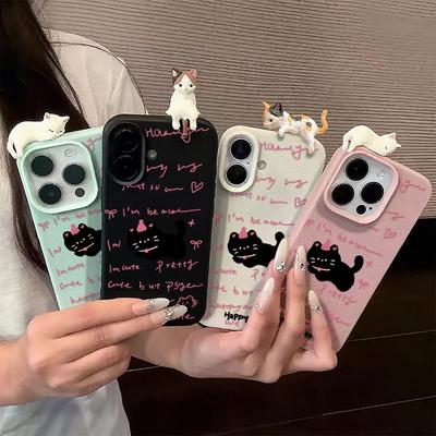 3D pouzdro na telefon pro iPhone 11 13 17 Pro Max 17 Air Case iPhone 13 15 16 Pro Max 12 14 Pro Max 14 15 Plus Roztomilé 3D Kotě Kreslené Kožené