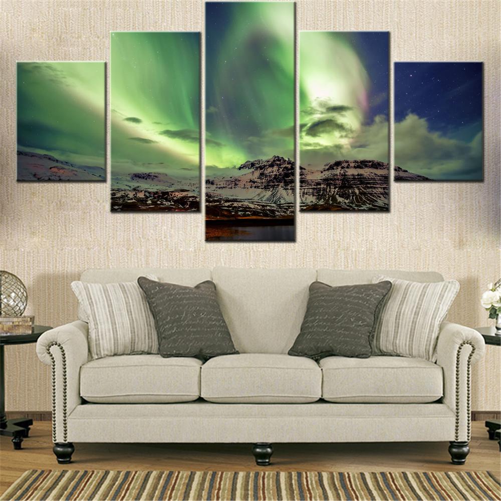 5 Pieces Canvas Wall Arts Poster Paiting Nature Northern Lights Aurora Borealis Wallpaper Home Decor Picture Printing Artwork