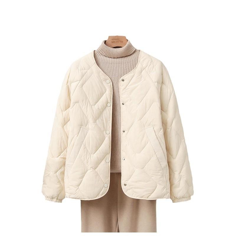 New Collarless Diamond Simple Versatile Round Neck Breasted White Duck Down Thin Lightweight Down Jacket Female Winter