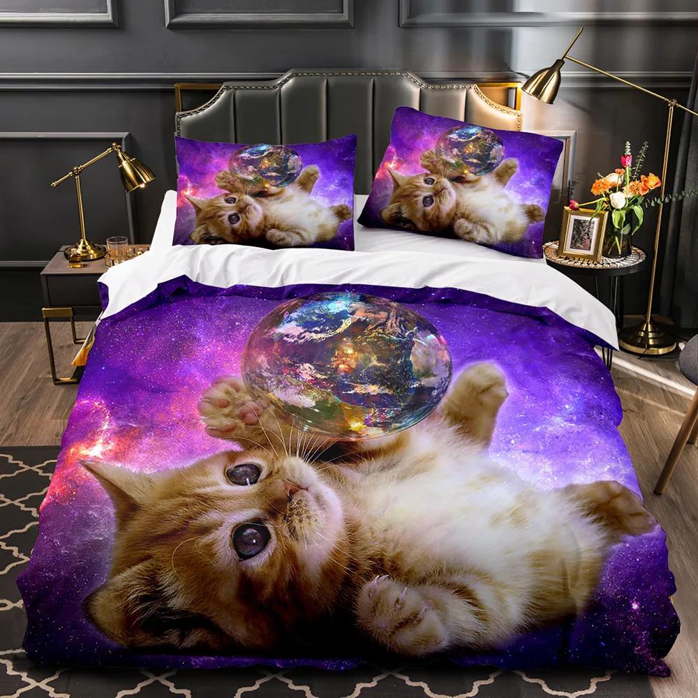 Comforter Bedding Sets For Double Size Galactic Cosmic 3d Cat Duvet Cover Bed Linen 2 Bedrooms For Boy Teen Girls Pink Purple