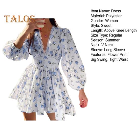 Frühling Sommer Damen Kleid A-Linie Spitze Big Swing Lange Laternenärmel Blumendruck Enganliegend Hohe Taille Tiefer V-Ausschnitt Plissee Patchwork Saum Urlaub Party