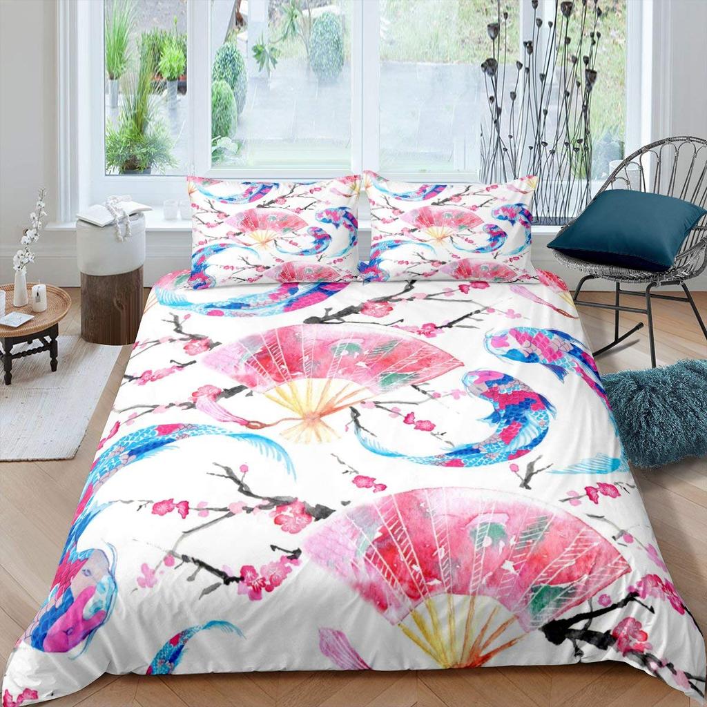 Koi Duvet Cover King Cherry Blossom Japanese Ukiyo-e Bedding Set Sakura Marine Animals Comforter Cover,Pink Romantic Quilt Cover