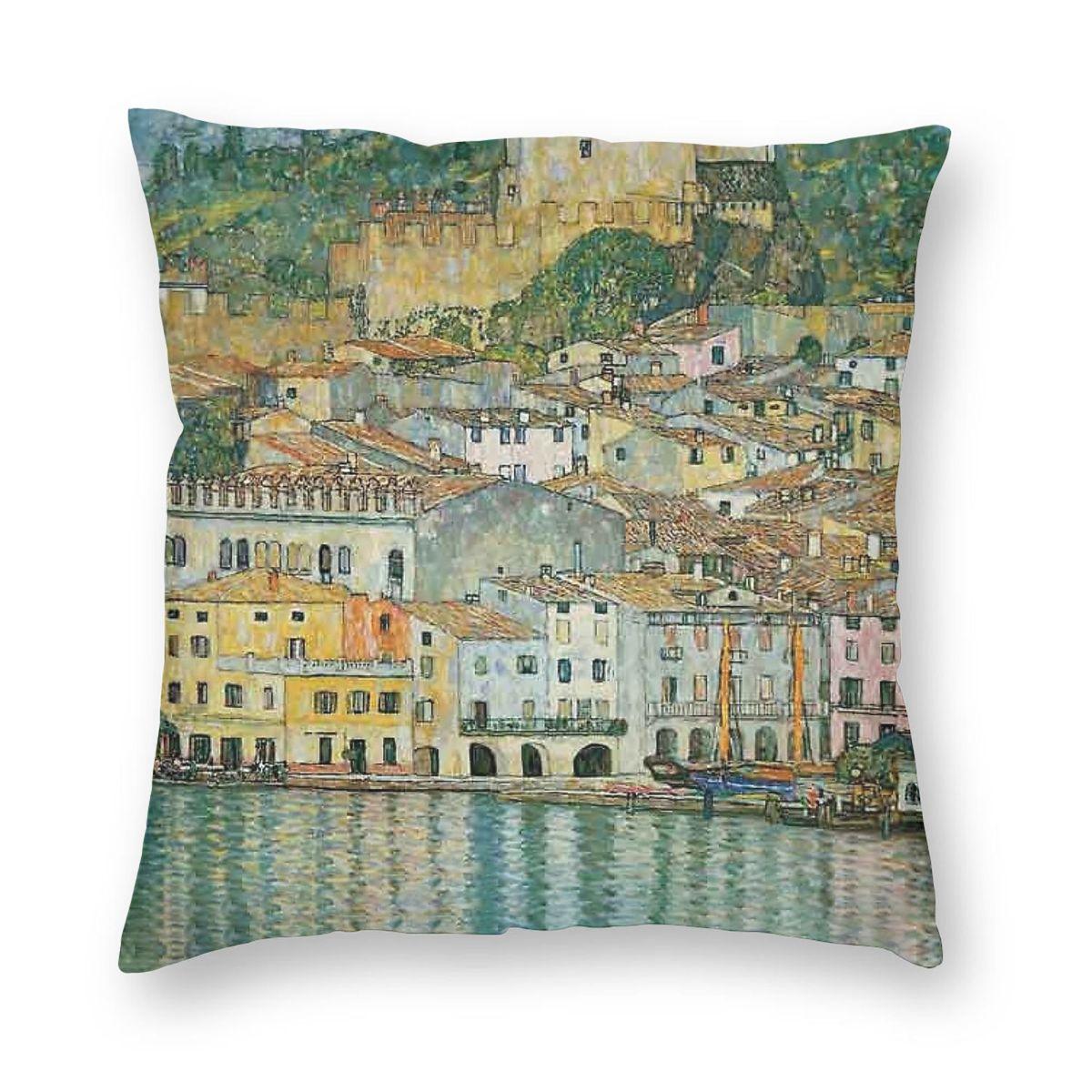 Malcesine Lake Garda Square Pillowcase Polyester Linen Velvet Creative Zip Decorative Home Cushion Cover 45X45 Peach skin 18*18(CM)-1Pcs