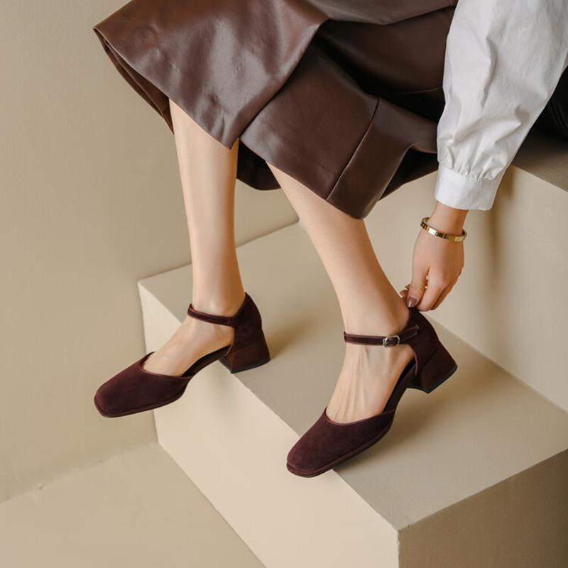 Fashion NEW Summer/Autumn Women Sandals Square Toe High Heels Cover Heel Shoes Women Sheep Suede Women Sandals Concise Retro Mary Janes