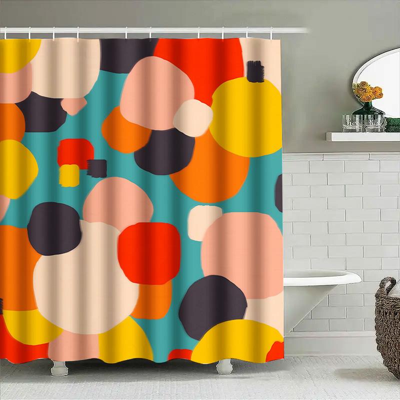 Modern Colorful Bathroom Shower Curtain Abstract Round Design In Red, Yellow, Blue Black For Home Decor