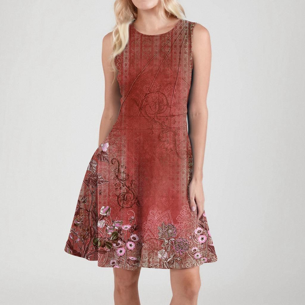 Women's Summer Sleeveless Casual Slim Fit Printed Vest Beach Swing A-Line Sun Skirt