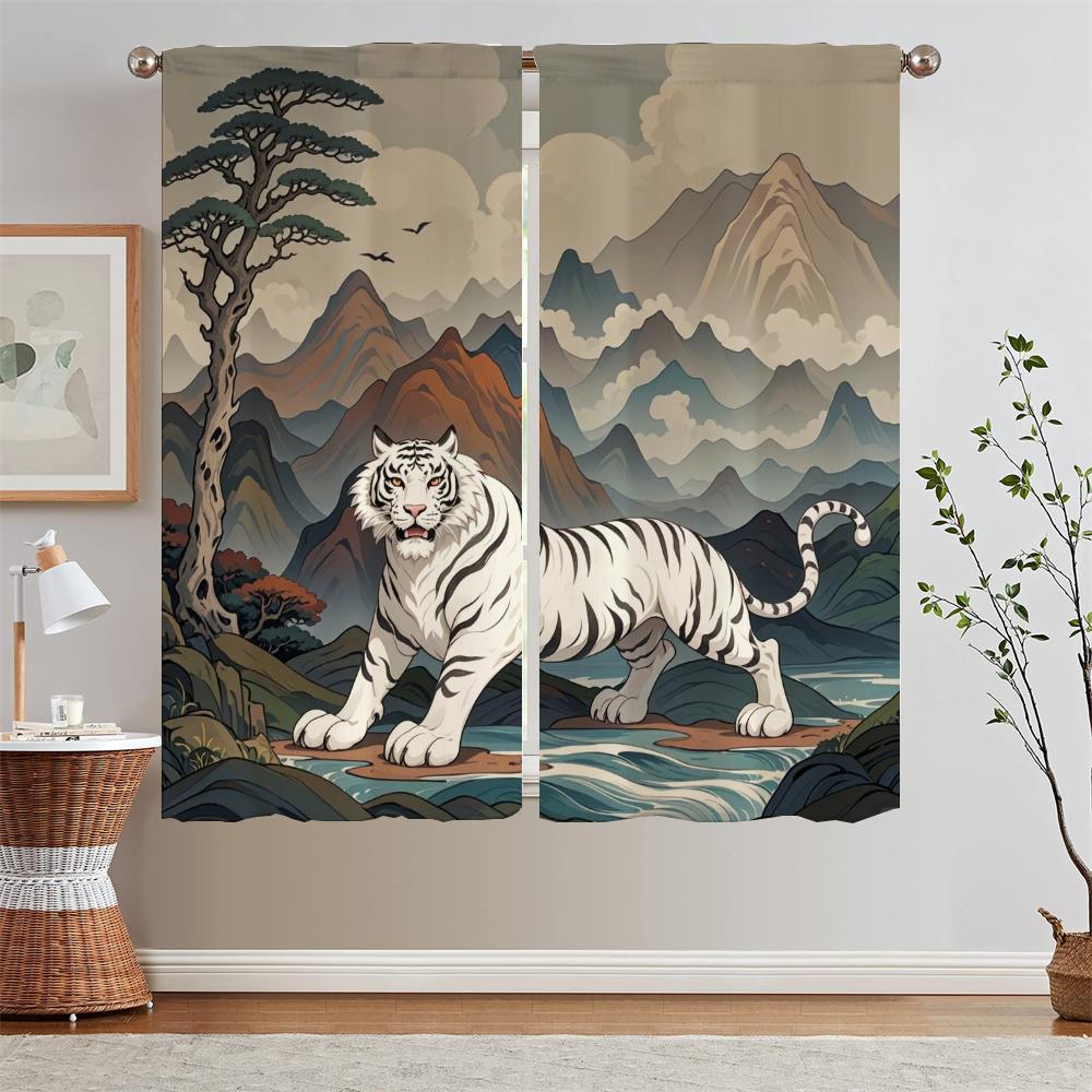 White Tiger Mountain Sea Classics Curtains for Kitchen Curtains 2 Pieces Window Partition Fabric Curtain for Children's Room