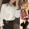 Women Fashion Solid Color Long Puff Sleeve Blouse Buttons Necktie Bowknot Shirt