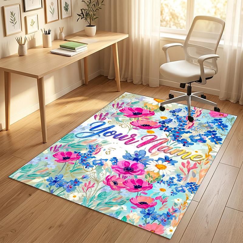 Floral Artwork Theme Soft Crystal Velvet Rug Custom Name & Text Print Non Slip Floor Rug for Bedroom Living Room