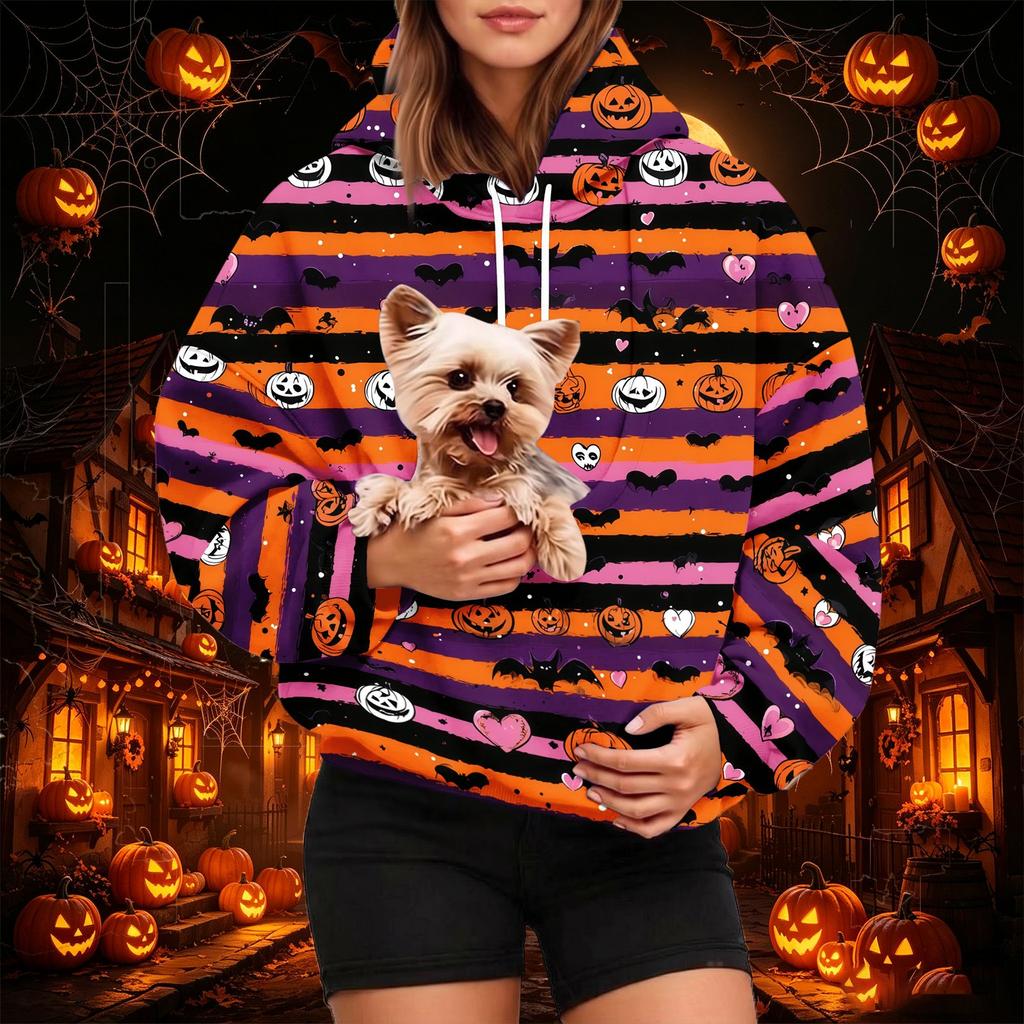 Women's Fashion Halloween Print Hoodie with Pet Pocket, Casual Pullover Sweatshirt for Fall