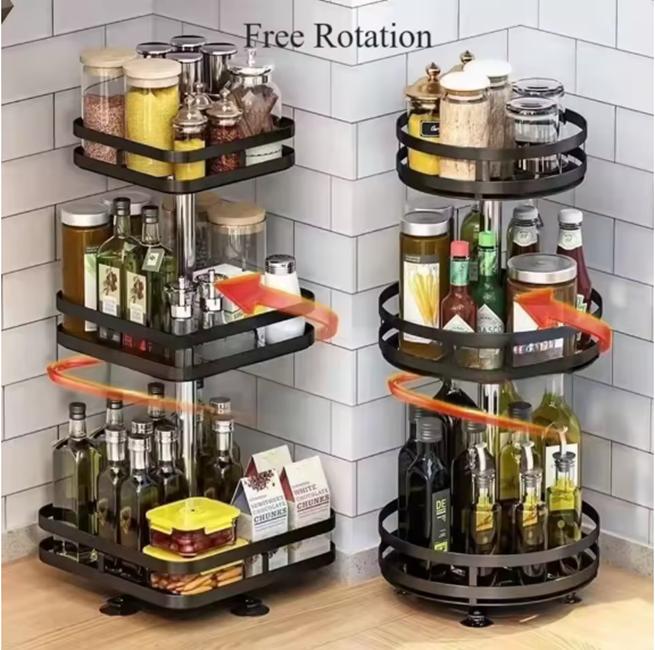 360°Rotating Kitchen Spice Rack Round Storage Container Non-Skid 2 Tier Turntable Organizer Storage Tray Cosmetics Organizer