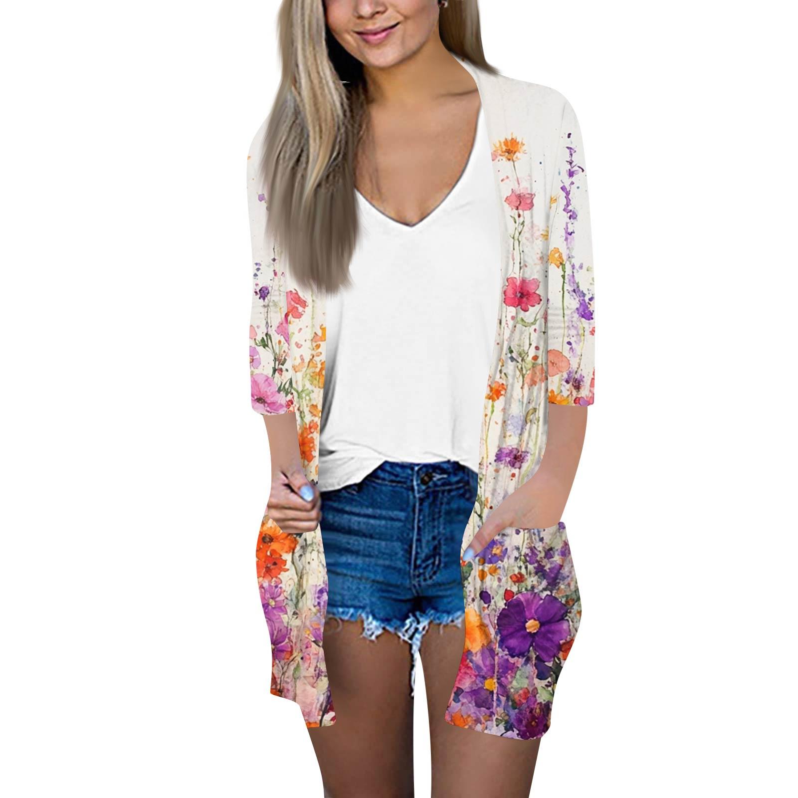 

Женский модный свободный повседневный кардиган с принтом и карманами, куртка с рукавом семь восьмых, топ XL фиолетовый