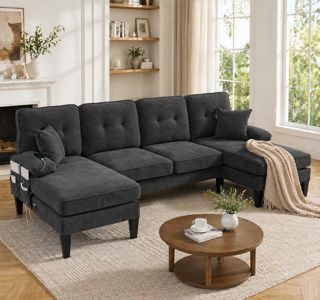 Large U-Shaped 4-Seater Sofa in Soft Linen Fabric, Modern Backrest, Two Chaise Lounges, Sturdy Legs, Cozy Seat Cushions, Decorative Pillows, Dark Grey