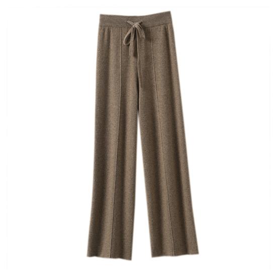 Women Long Pants Elastic High Waist Wide-Leg Knitted Pants with Pockets Solid
