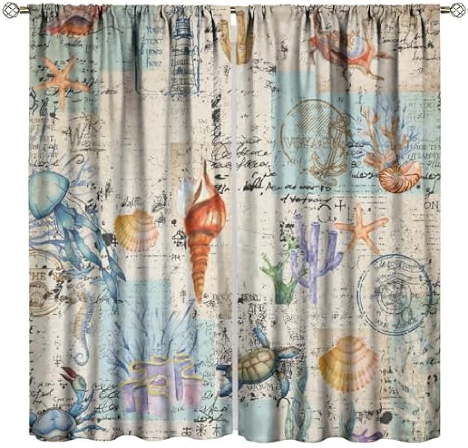 Vintage Nautical Coastal Curta,Watercolor Beach Nautical Theme Starfish Seashell Coral Window Drapes, For Living Room Bedroom 53x116CM-2PC