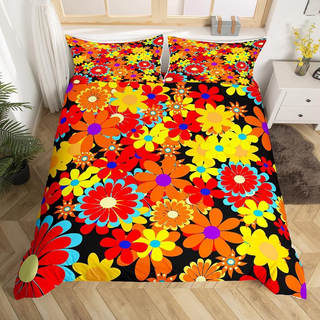 Vintage Groovy Flower Duvet Cover Cute Rainbow Butterfly Bedding Set Retro Floral Boho Pink Comforter Cover with 2 Pillow Case