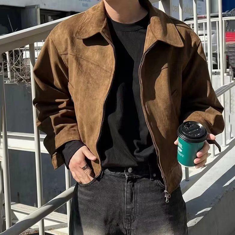 Maillard Men's American Retro Brown Suede Short Flight Jacket for Spring and Autumn