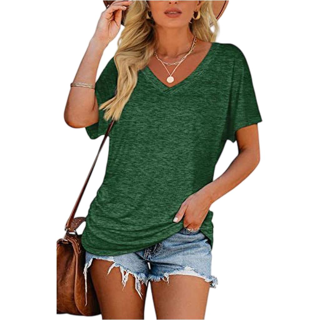 Damen Kurzarm V-Ausschnitt Oberteile mit seitlicher Raffung Bluse T-Shirt