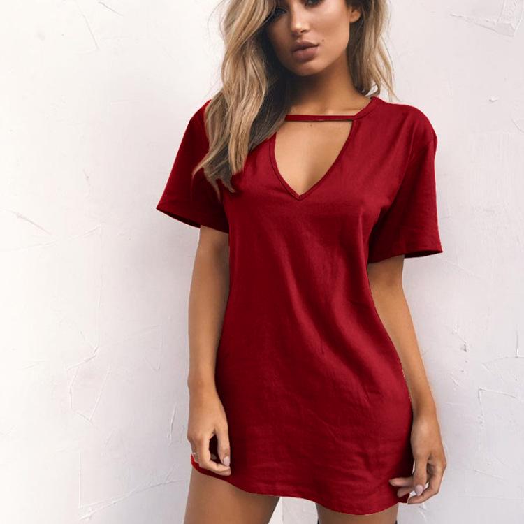Summer Sexy Deep V-neck Short Sleeved Loose Casual Dress for Women