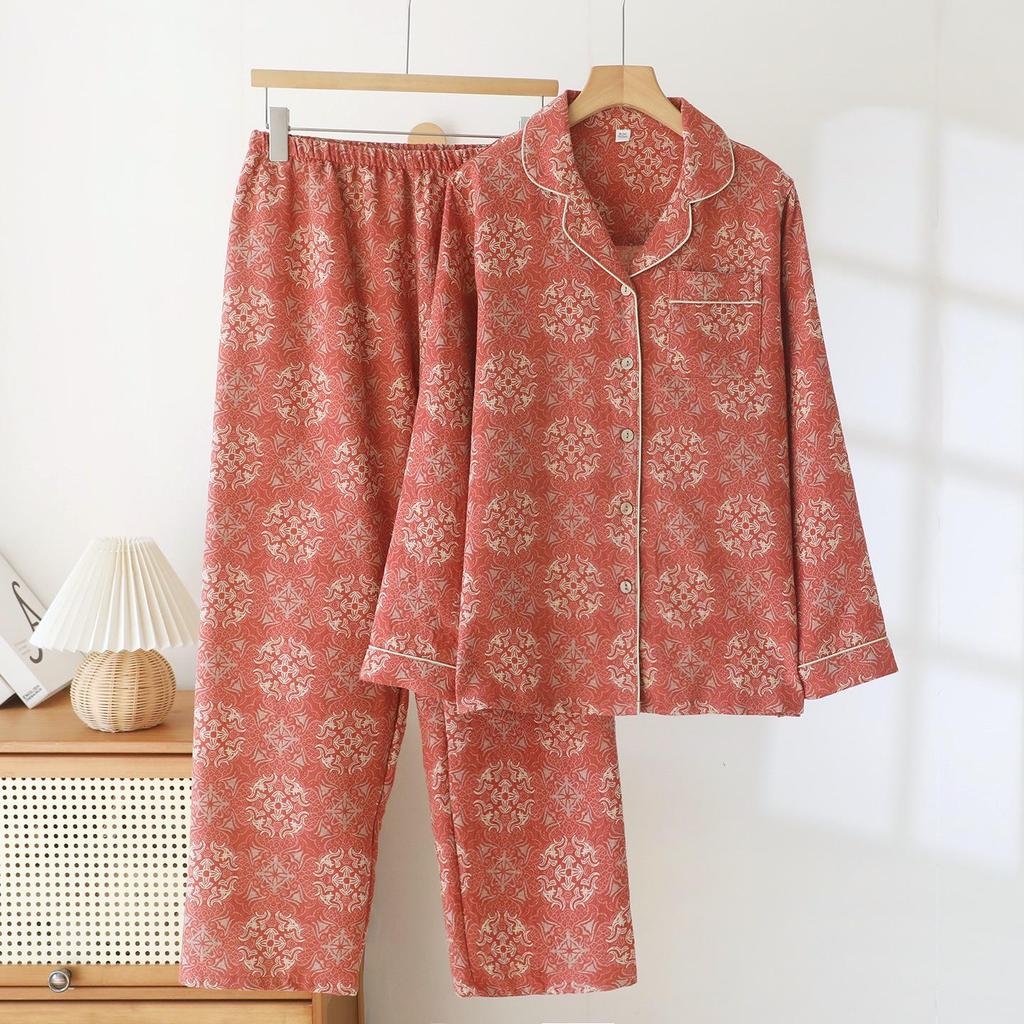 Conjunto de Pijama de Algodão Plus Size Feminino, Cardigã Jacquard de Manga Longa para Primavera/Verão