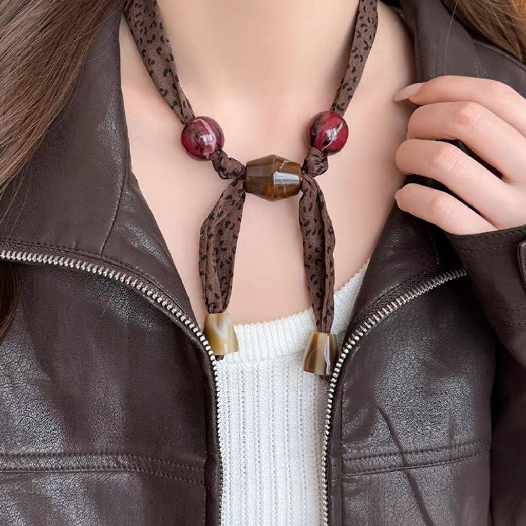 Leopard Print Beaded Silk Scarf Necklace with Cashew Flower and Wood Beads, Retro Style, Long Pull-Out Sweater Chain.