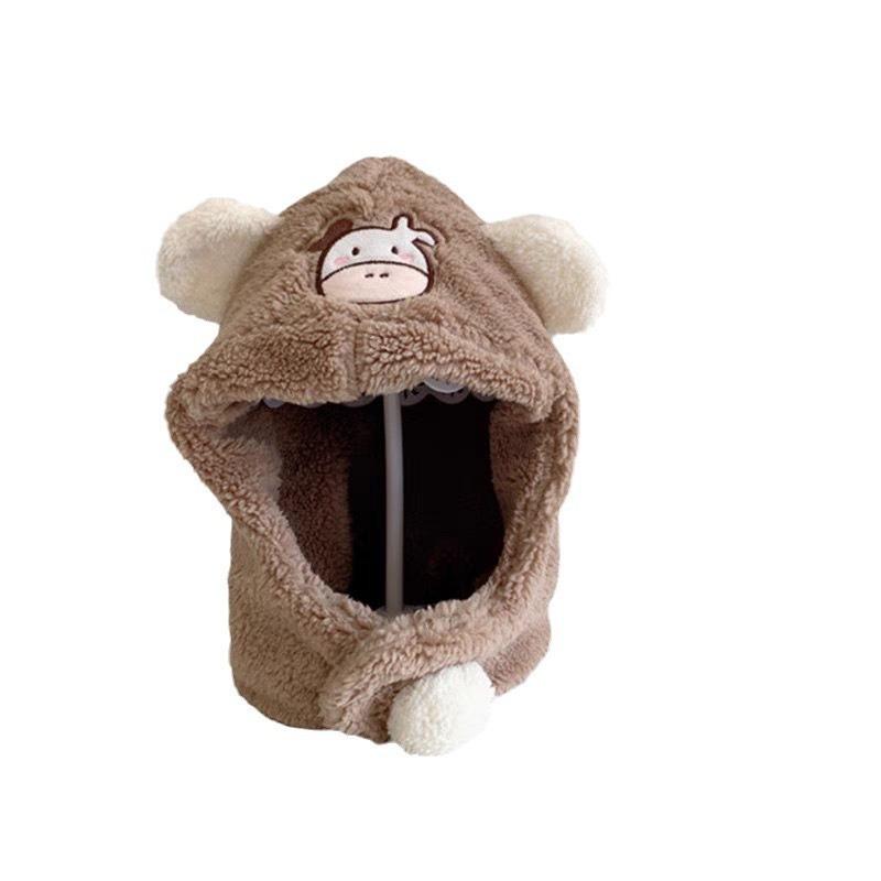 Cartoon Lamb Wool Baby Winter Warm Pullover Hat Boys and Girls Cute Little Cow Shape Plush Bag Hat