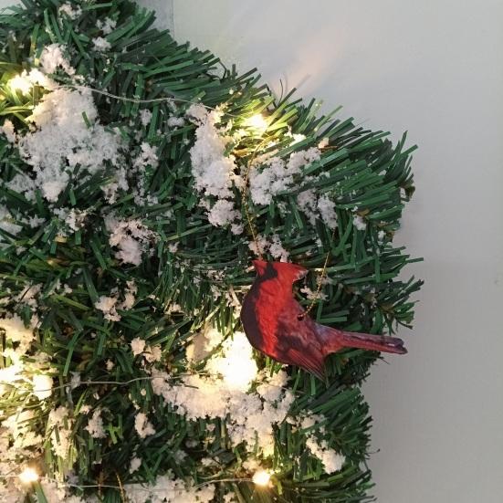 Yousheng Artificial Christmas Teardrop Swag 20" Faux Pine Greenery Teardrop Wreath with Fake Snow And Red Birds Ornament for Xmas Door Fireplace Table