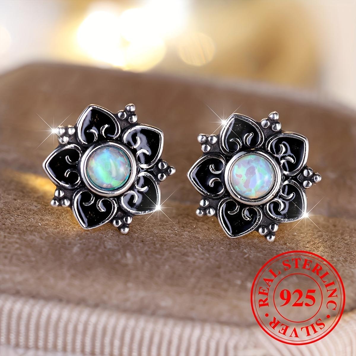 Sterling Silver Flower Earrings with Faux Crystal, Vintage Bohemian Women s Earrings [Silver]]