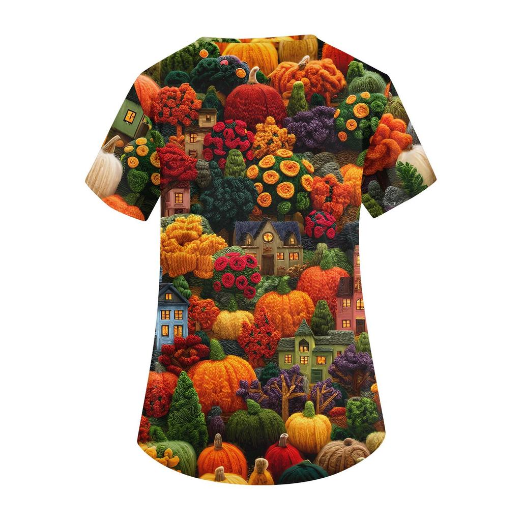 Damenmode V-Ausschnitt Kurzarm Arbeitskleidung mit Taschen Halloween bedruckte Tops