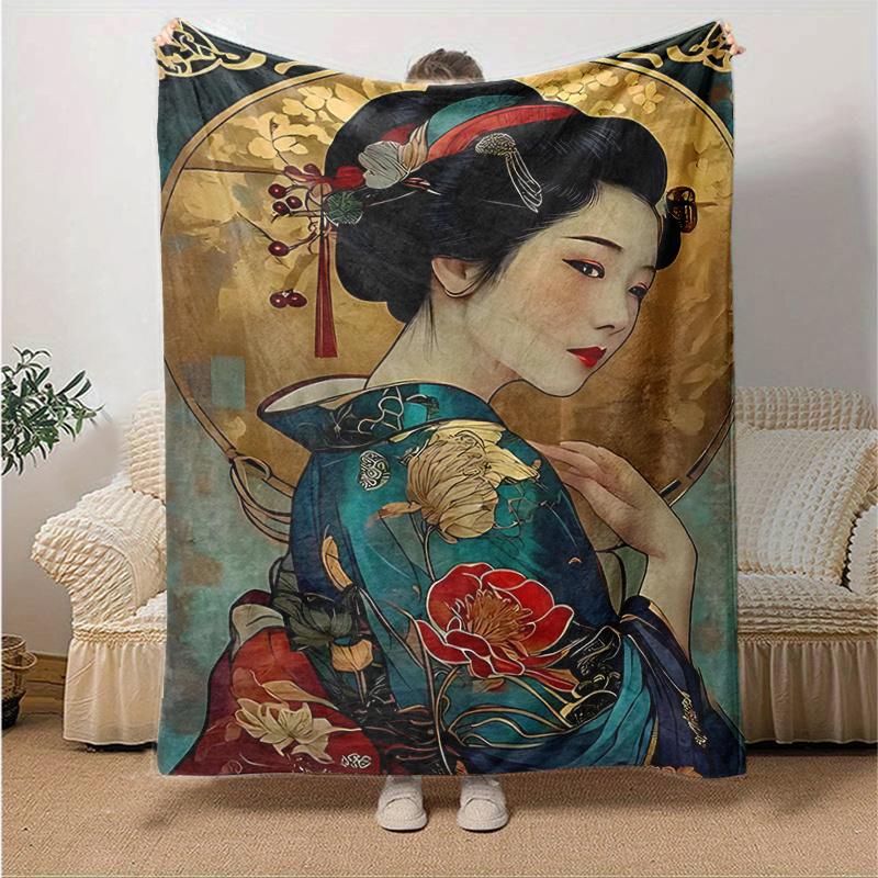 1pc Japanese Geisha Design Throw Blanket Home Decorative Sofa Cover, Gift for All Occasions, Soft Flannel Blankets for Bedroom .W093