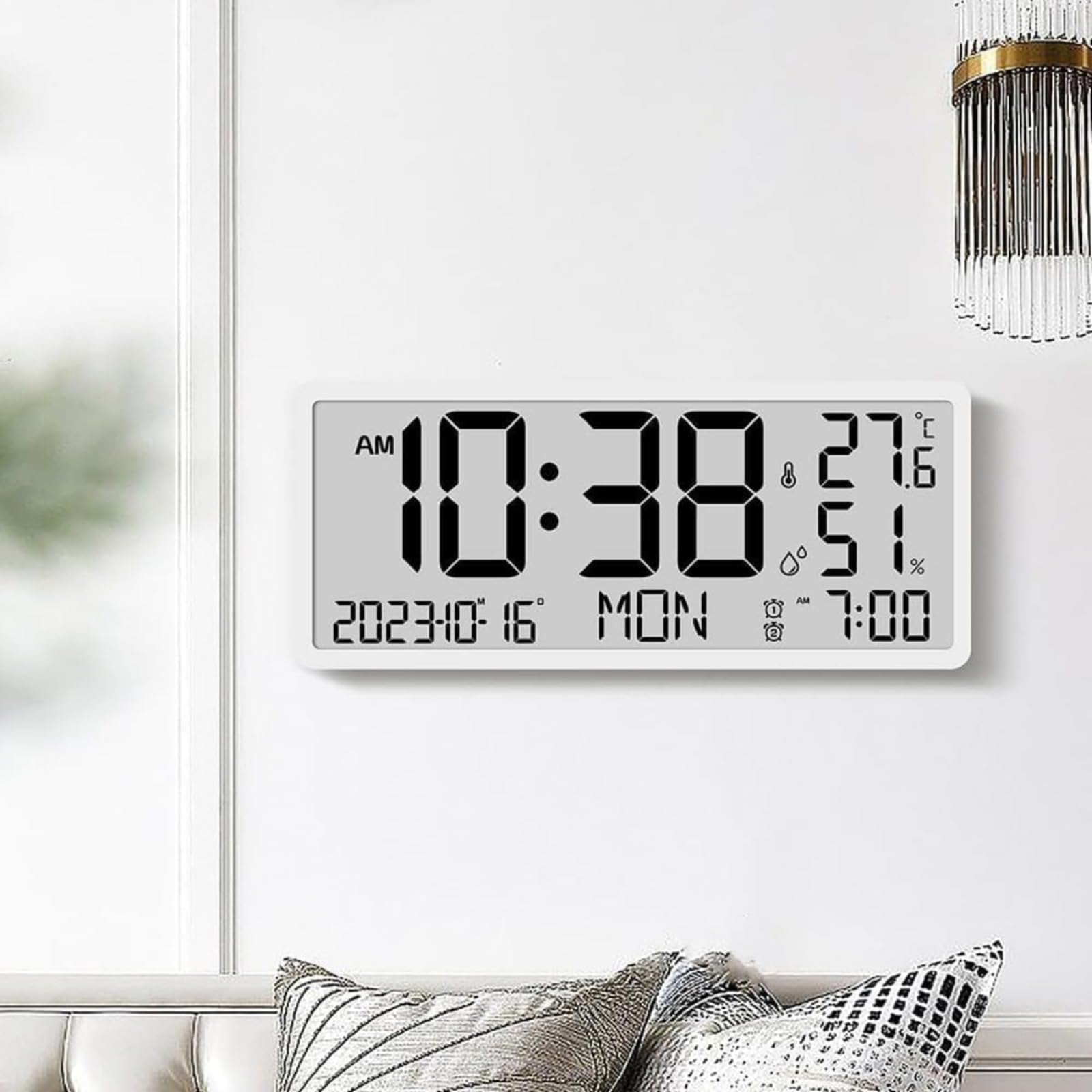 

JBJSHHY Large Display Digital Wall Date and Two Temperature and Humidity LCD Multifunctional Digital Alarm Clock for Home Office Seniors Clock, Day,
