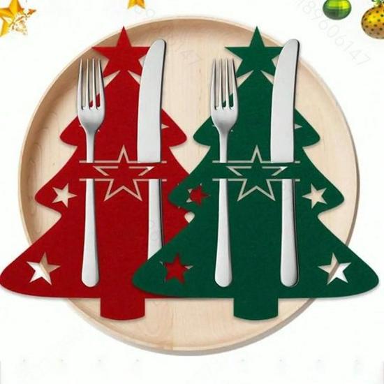Felt Christmas Tree Knife and Fork Set with Coaster - Festive Table Decoration