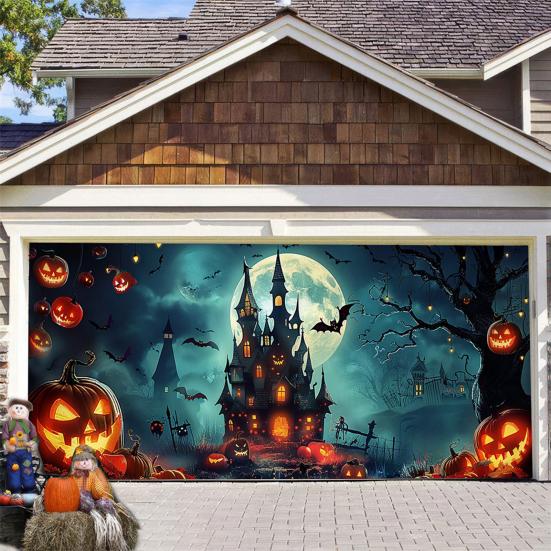 7 X 16ft Halloween Garage Door Cover Large Skeleton Graveyard Hanging Backdrop Door Banner for Halloween Yard Front Porch Wall Decoration