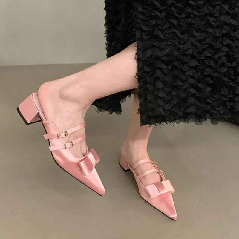 Fashion Spring Summer Pointed Toe Women Muels Slippers Fashion Butterfly-knot Thick Heels Party Dress Shoes Buty Damskie Scarpe Da Donna