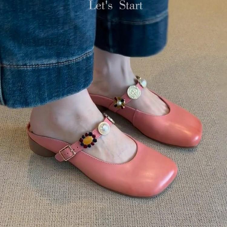 

Lan Cabinet Edition~ Baotou Half Slippers Women s Outer Wear Summer 2025 New Versatile Square Head One-word Button Thick Heel Cool Slippers 40 розовый