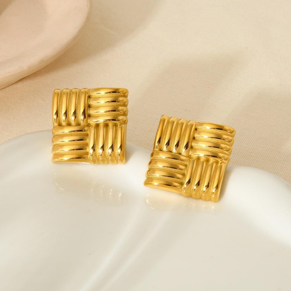 Personalized exaggerated stainless steel geometric square braided pleated texture stud earrings 18k gold waterproof earrings earrings