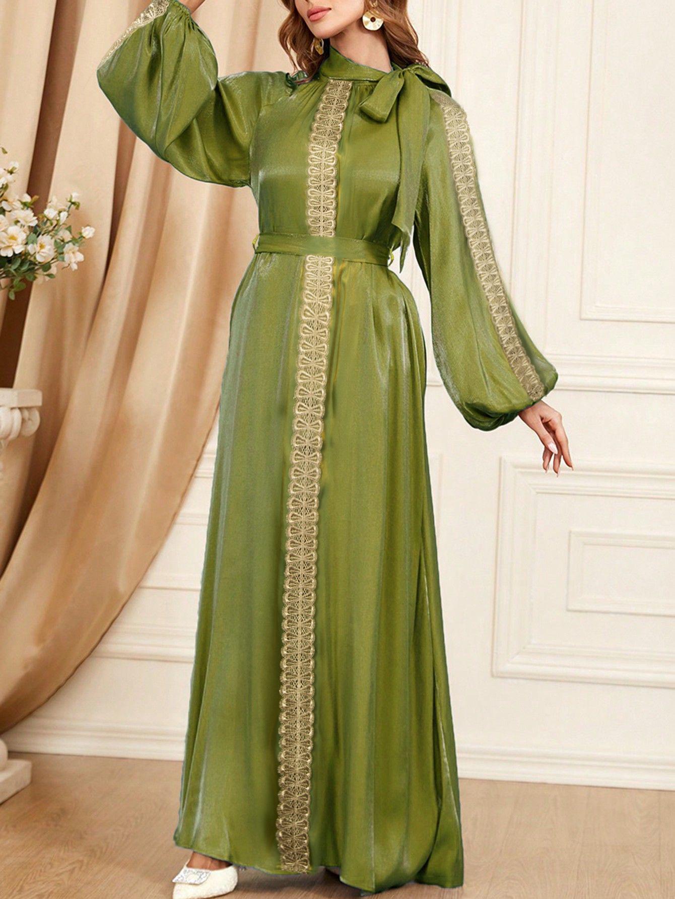 

In-Stock Elegant Arabic Satin Lace-Up Waist Dress for Women S зелений