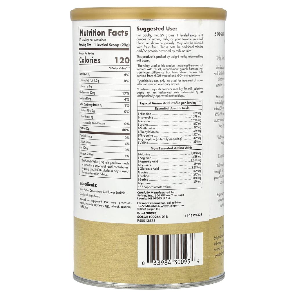 Solgar Krmeno trávou, Syrovátkový proteinový prášek Whey To Go®, Bez příchuti, 13,2 oz (377 g)