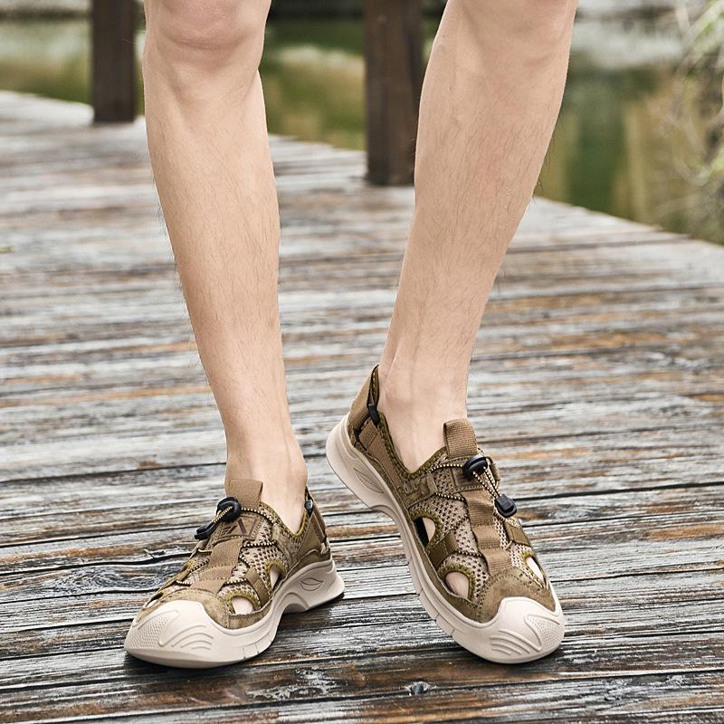 Summer New Mesh Hole Beach Shoes Men's Casual Outer Wear Hollow Breathable Leather Outdoor Sports Sandals