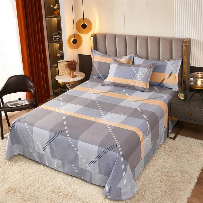 3Pcs Simple Geometric Plaid Bed Sheet Set 100% Cotton Skin-friendly Queen Size Bedding Set Thickened Flat Sheet with Pillowcases